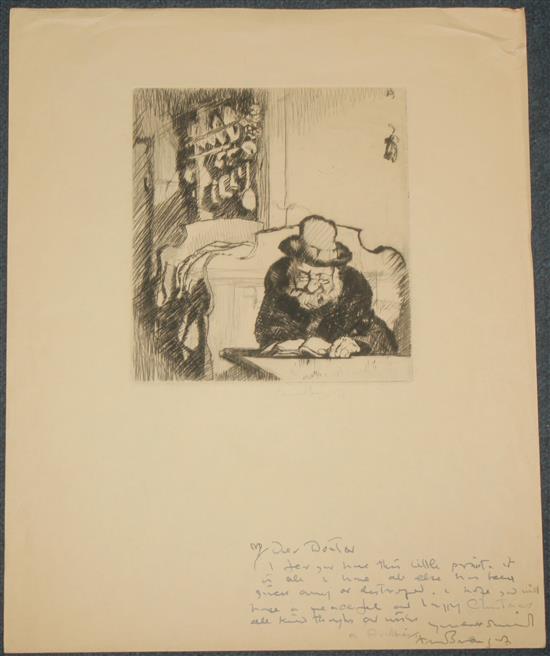 Frank Brangwyn (1867-1956) Interior with Jew reading a book, overall 13.75 x 11in., unframed